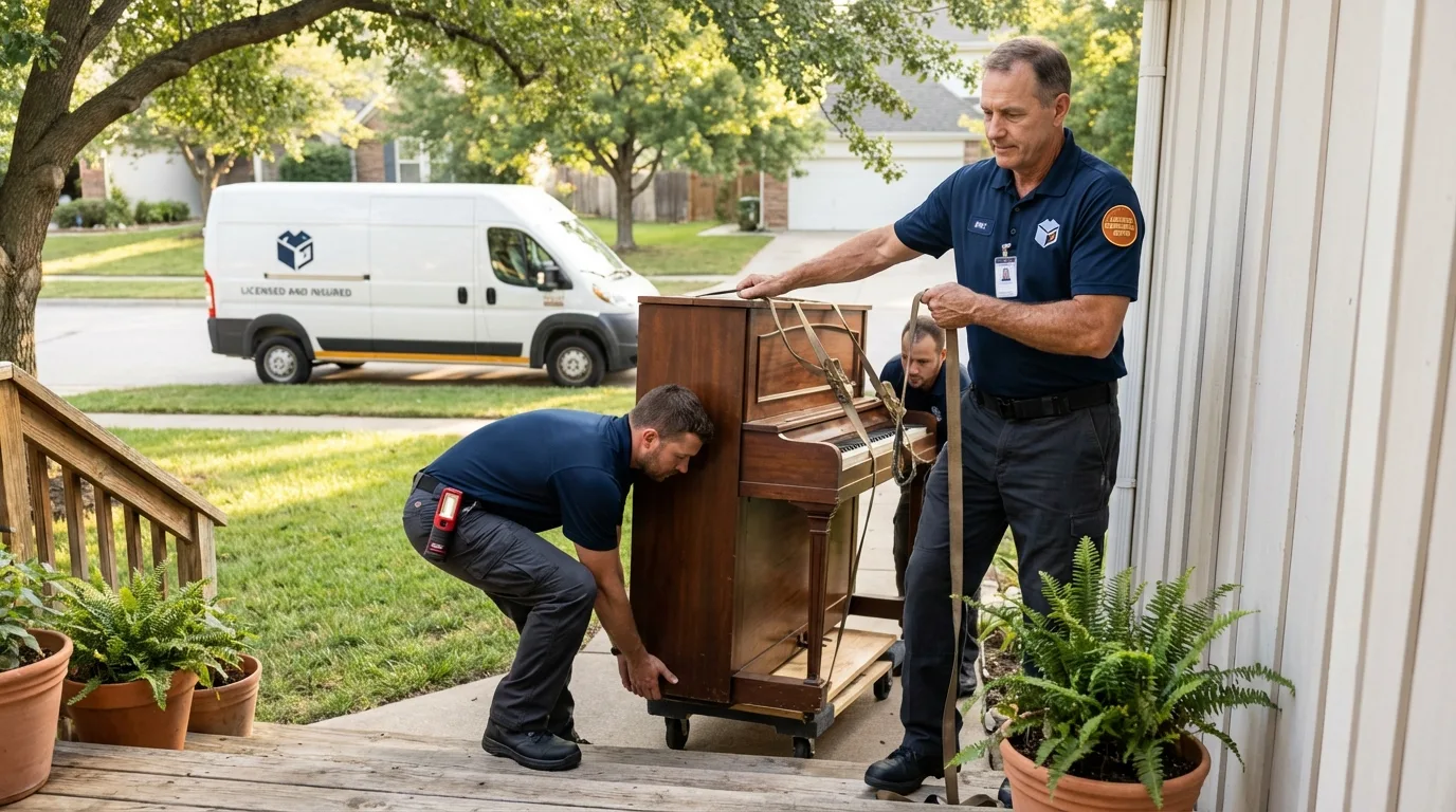 Licensed piano movers securing grand piano in Council Bluffs, IA