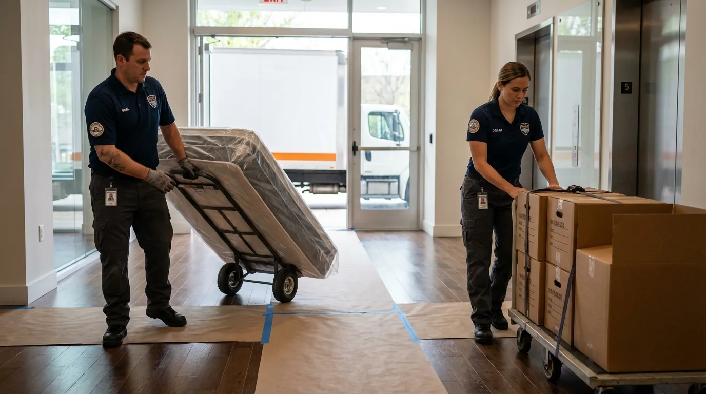 Professional apartment movers loading elevator in Council Bluffs, IA